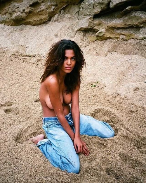 Tina Kunakey Nude Topless In Jeans On Beach  nude photo