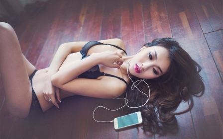 Iphone Listening Music Hot Asian Girl On Floor  nude photo