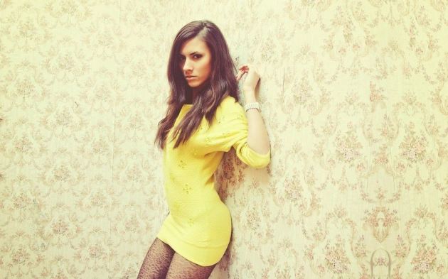 Long Hair Girl Yellow Dress Dark Eyes  nude photo